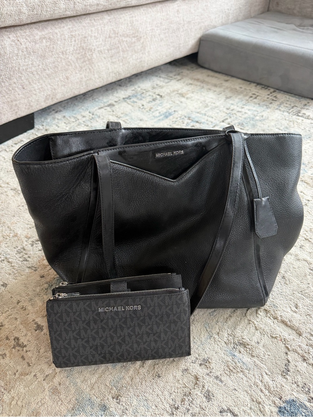 Michael Kors Black Leather Tote with Matching MK Zip Pouch